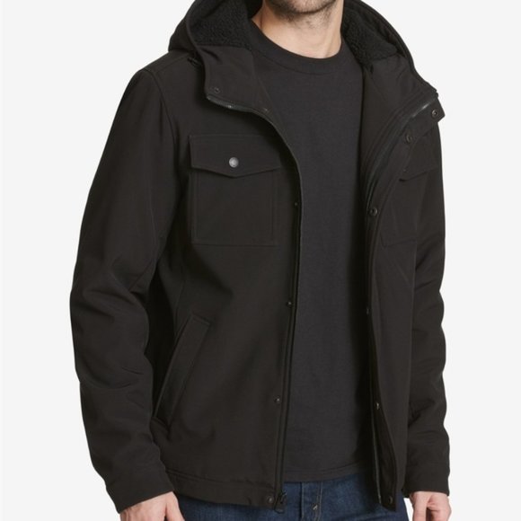 Levi's Men's Small Faux Fur Sherpa Lined Black Hooded Military Trucker Jacket - Picture 1 of 15